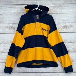 Barbarian Rugby US Navy Hooded Polo Shirt Adult Size Small Blue Yellow